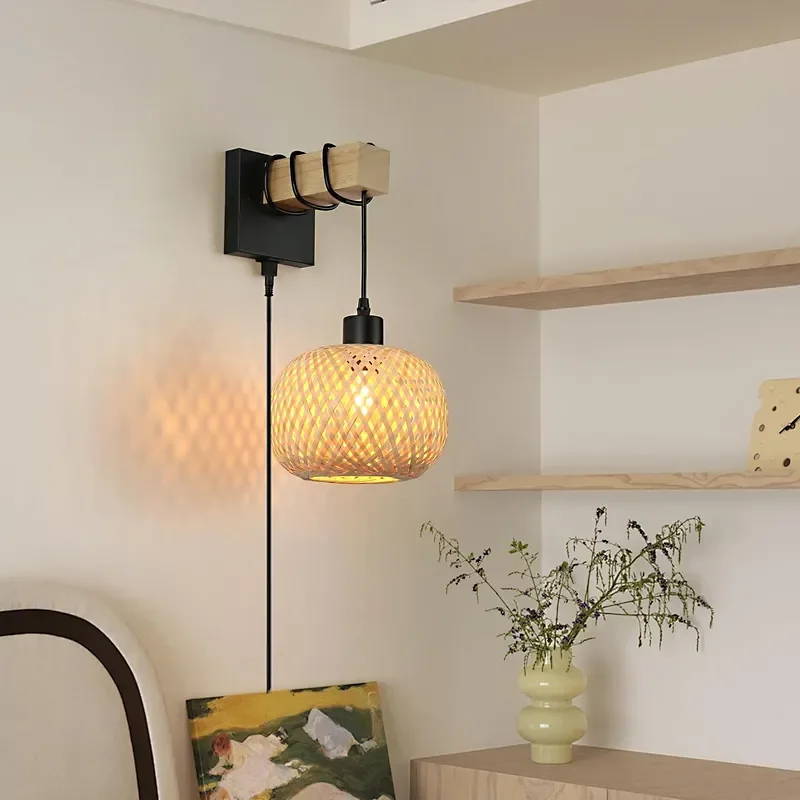 Plug-in Style Retro Bamboo Woven Bedside Wall Light Dining Room Vine Lamp Bedroom Farmhouse Rural Indoor Background Wall Lamp