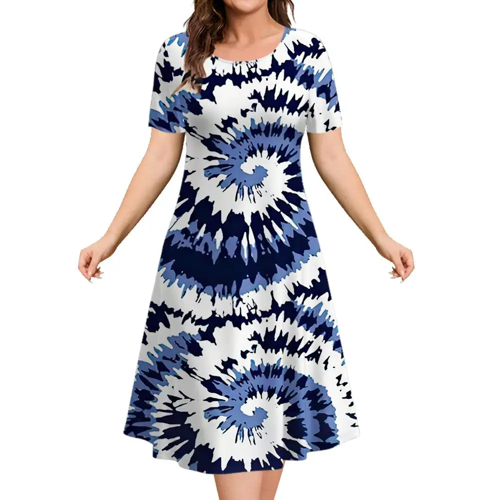 

2024 New Women's Dresses Tie-dye Printed Summer Elegant Dress Feamle Short Sleeve Dresses Fashion Oversized Clothes