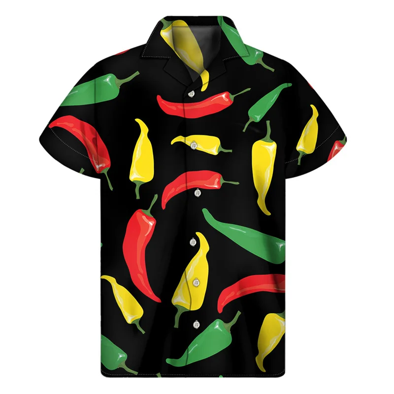 Men's Colorful Chili Pattern Shirt Casual 3D Printed Hawaiian Pepper Shirt Street Collar Button Short Sleeved Top Summer