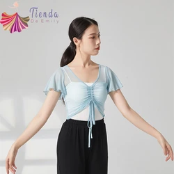 Classical Dance Top Costume For Women Ruffle Short Sleeve Saree Outfit Drawstring Gauze Mesh Performance Ballet Training Clothes