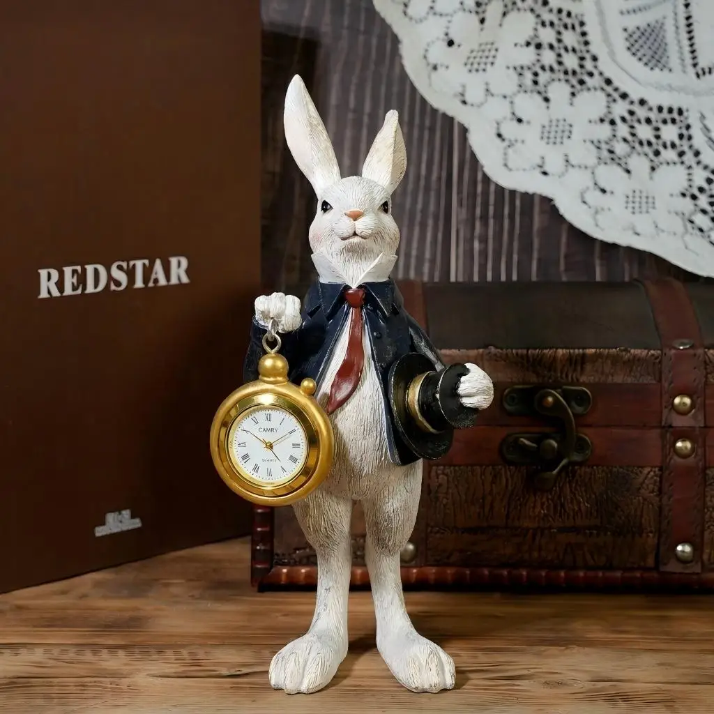 Alice in Wonderland White Rabbit Figurine with Clock, Resin Bunny Statue Decor for Home Tabletop Spring Ornament Holiday Gift