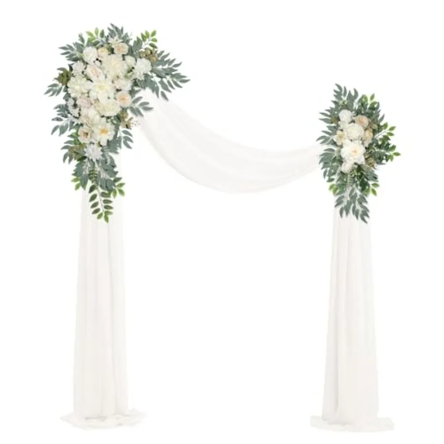 

Wedding Arch Flowers with Drapes Set of 3 for Reception Decor: Artificial White Champagne Floral Arrangements on Premium Polyes