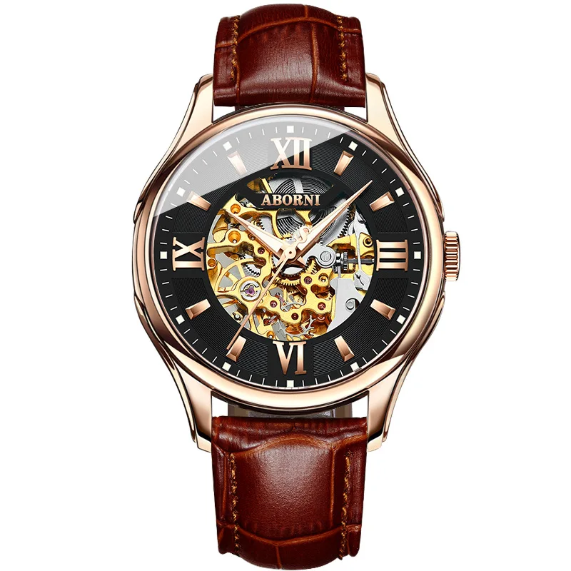 Fashion Hollow Engraving Black Golden Case Leather Skeleton Mechanical Watches Men Luxury Brand Automatic Watch Heren Horloge