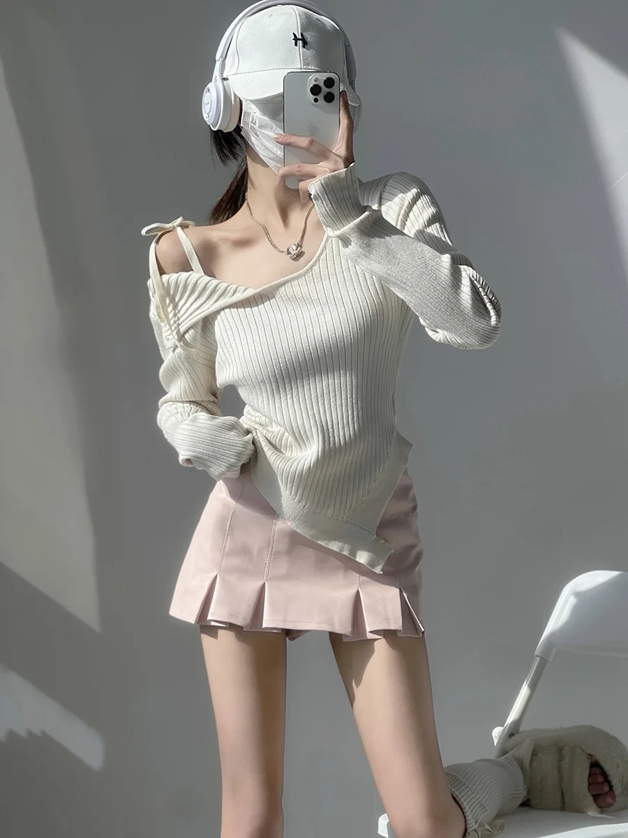 

M Cotton Village Design Sense Shoulder Sexy Asymmetrical Tie Knitwear Women's One-shoulder Spicy Base Sweater