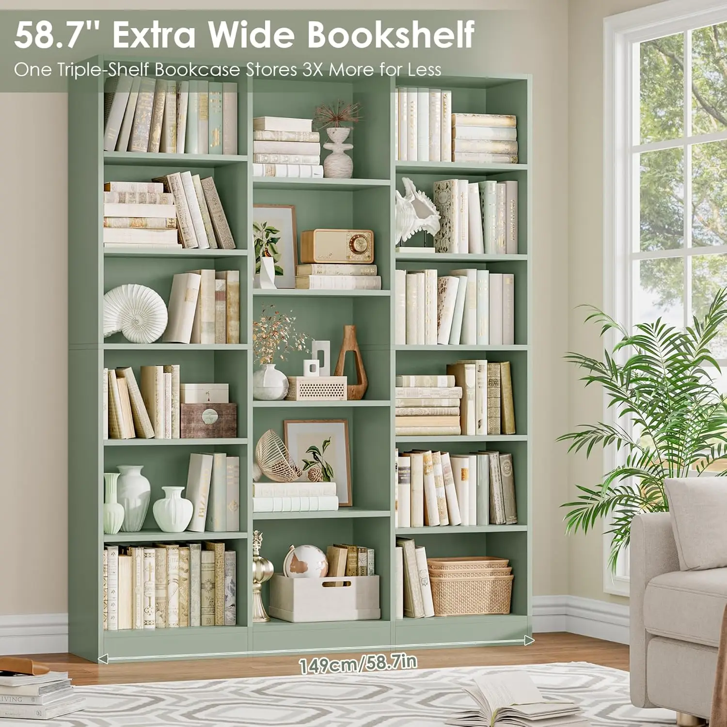 Estantería triple ancha de 6 niveles, 17 estantes abiertos, librería de 74' de altura para sala de estar, oficina en casa, biblioteca