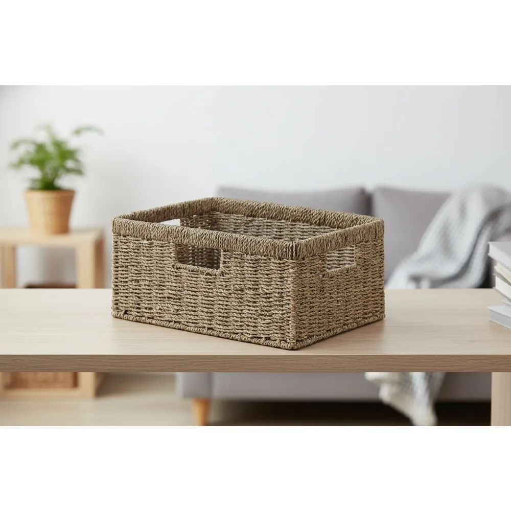 

Большая корзина для хранения из морских водорослей с ручками, органайзер из натуральной ткани для кладовой, гостиной, домашнего декора