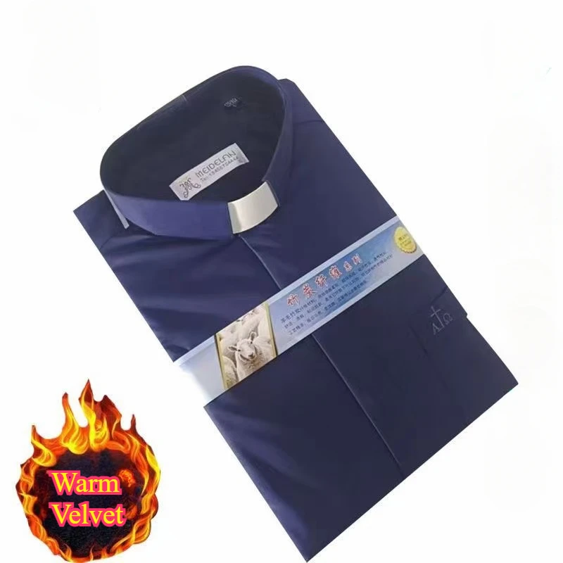 Winter Long Sleeve Men's Tab Collar Clergy Shirt Velvet Warm Wear Priest Costume Black Tops Church Preacher Clerical Clothes view 2