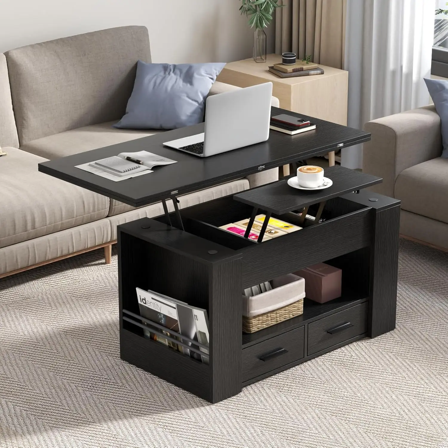 Lift Top Coffee Table, 4 in 1 Multi-Function Coffee Table with Storage Shelf and Hidden Compartment