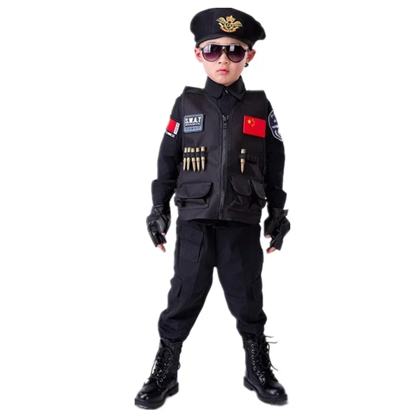 Politieagenten Kostuums Jongens Speciaal Politie-Uniform Kinderdaggeschenk Leger Lange Mouw Jas  HandschoenenCosplay