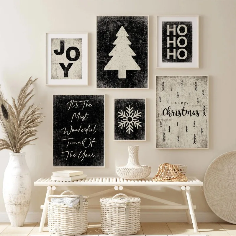 Black White Christmas Tree Farmhouse Snow Minimalism Posters and Prints Canvas Printing Wall Art Picture for Living Room Decor