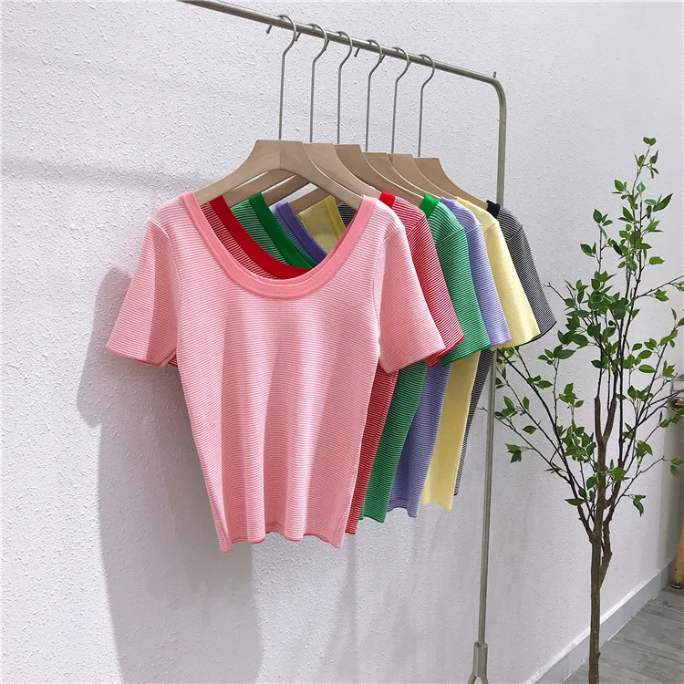 

1270 Summer New Women Korean Style Student Slim Fit Elegant Pullover Top Internet Celebrity U-Neck Ice Silk Striped Short Sleeve