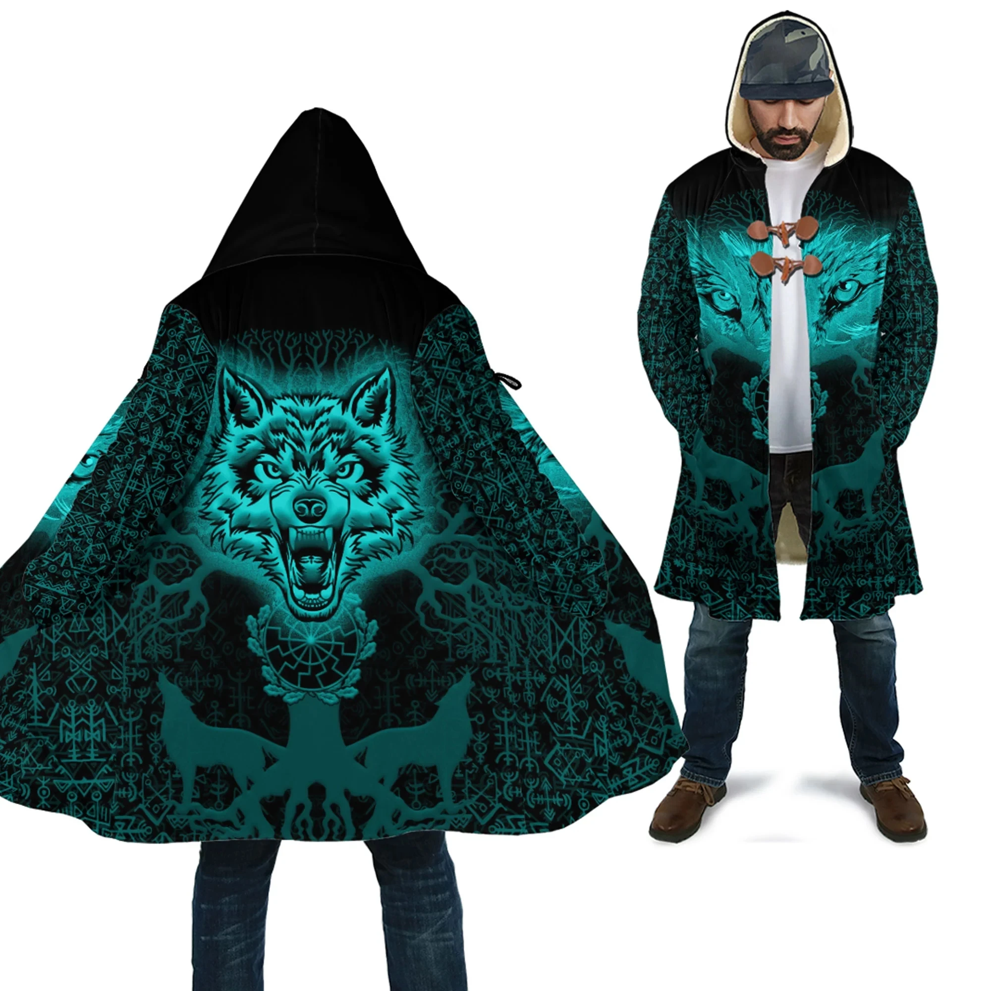 Boom En Wolf Turquoise Tattoo 3d Overal Bedrukte Fleece Capuchon Mantel Winter Unisex Casual Dikke Warme Manteljassen Pf105