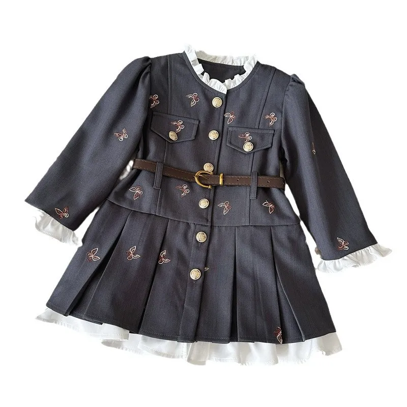 Girls\' Spring and Autumn New Style Long Sleeve Western Style Lace Plaid Princess Dress