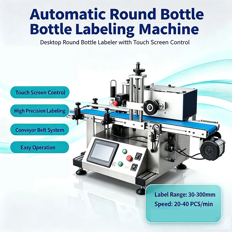 Full-Automatic round Plastic Bottle Labeling Machine with Touch Screen Control Sticker Applicator Device with Optional Code Prin