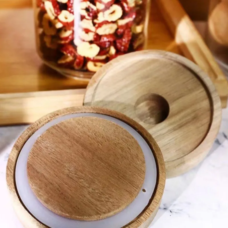 350/650/950/1250/1550ml Round Food Storage Glass Jar sealed with Wooden  Lid Coffee Beans Tea Grains noodles Snacks glass bottle