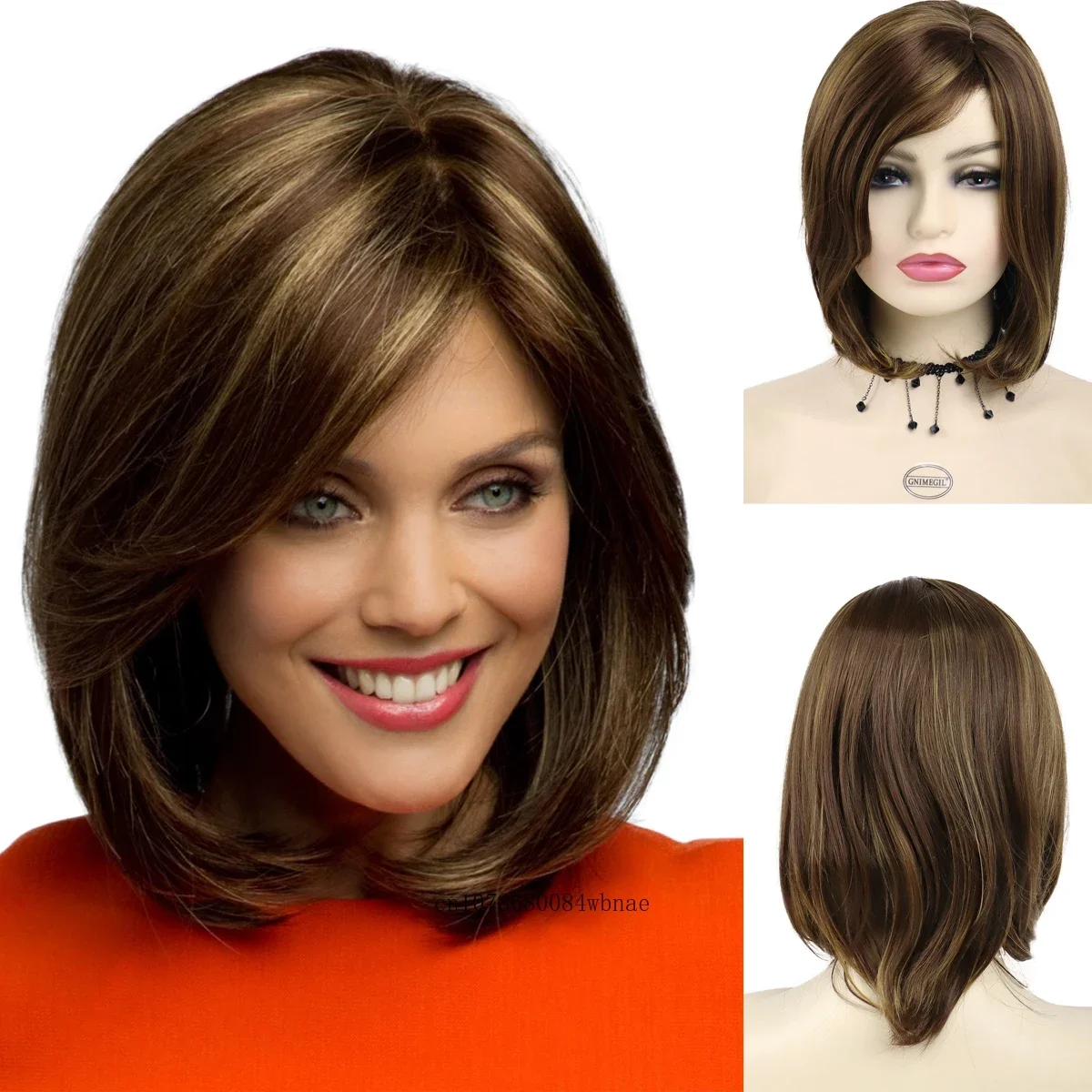 

Short Bob Cut Wig with Bangs Synthetic Straight Hair Mix Brown Wigs for Women Natural Soft Ladies Mommy Daily Cosplay Party Use