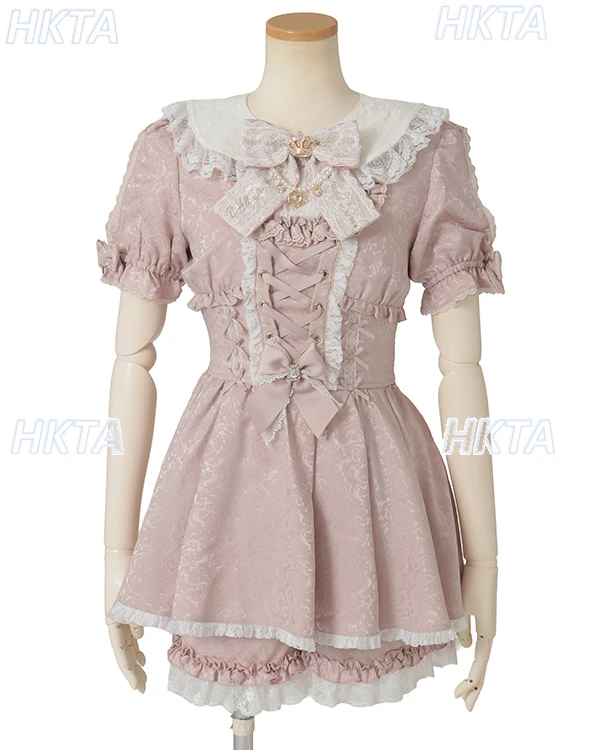 Estilo japonês outono novas minas doces bonito grande arco vestido conjunto moda high-end design puff manga curta vestido shorts conjunto de 2 peças