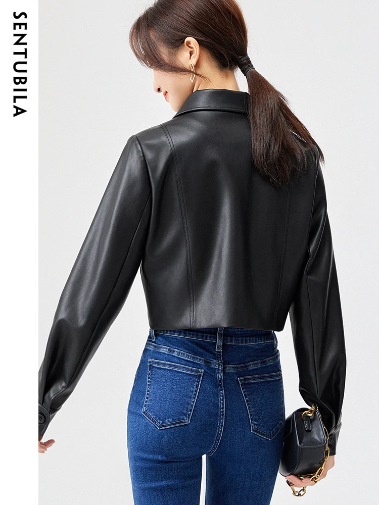 SENTUBILA Pu Leather Jacket Women Autumn Vintage Fashion Cropped Motorbike Jackets Single Breasted Black Cool Coat Top 131W46984