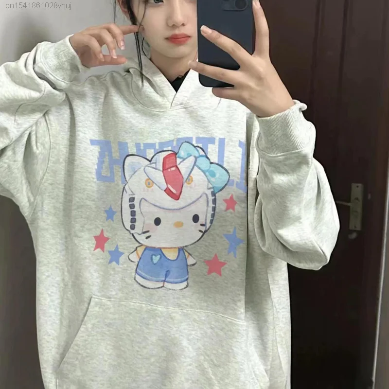 Sanrio Hello Kitty Yk2 Gothic Hood Top Youthful Woman Clothes Winter New Oversize Pullovers Punk Trendy Korean Style Campus Tops