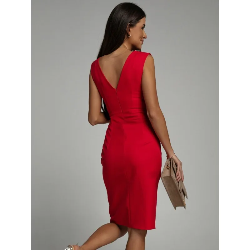 الخامس الرقبة بلا أكمام الأحمر أنيقة الشق عالية الخصر مطوي المرأة مساء فستان صيف جديد سليم صالح البلوز منتصف طول تنورة جديد #6