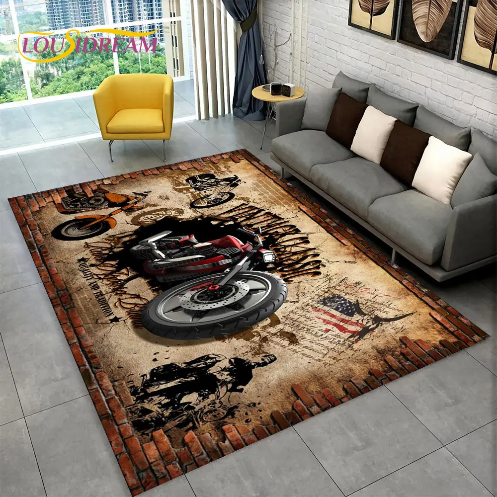 3D Retro Vintage Motorcycle Area Rug Large,Carpet Rug for Living Room Bedroom Sofa Doormat Decor,Child Play Non-slip Floor Mat