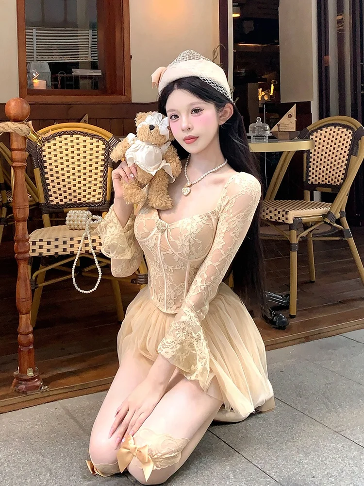 

Комплект XZY: Сексуальный кружевной топ с квадратным вырезом и юбка-трапеция с высокой талией, большие размеры, женский модный осенний наряд