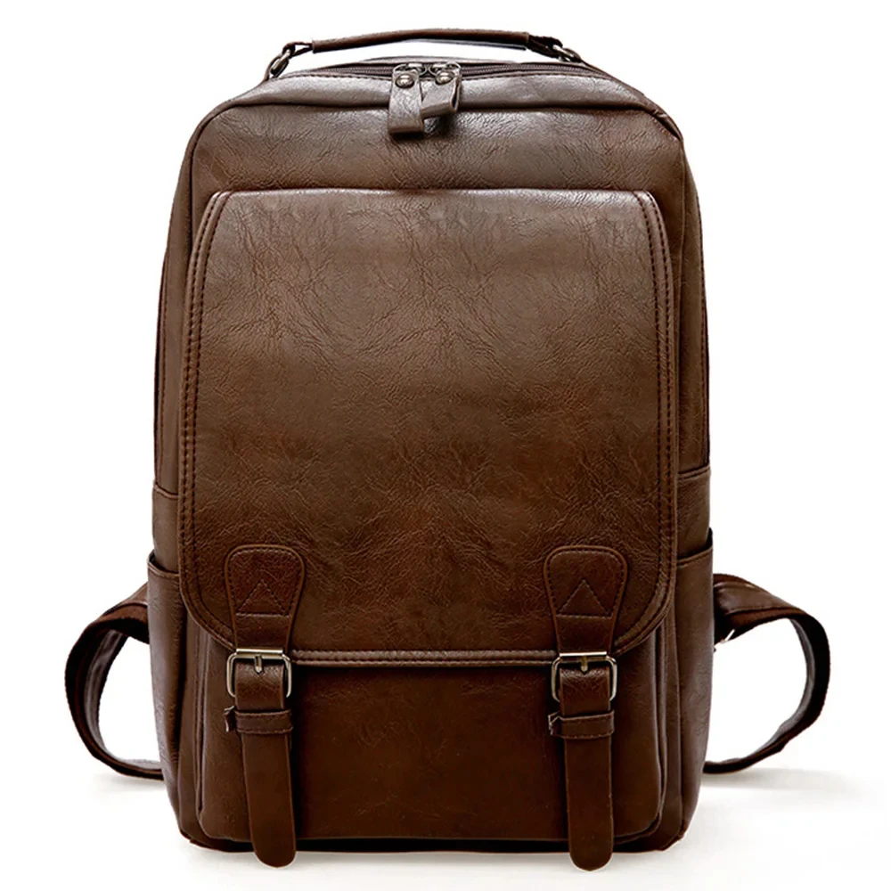 Large Capacity Laptop Backpack Men Casual Fashion Bags For Men Retro Zipper PU Leather Backpacks Male Travel Waterproof Bag Man