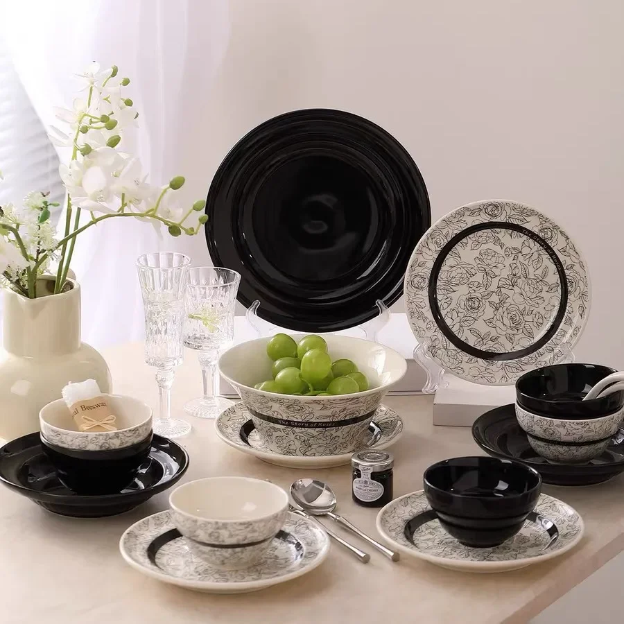 2026Black Rose Bowl Plates Full Set Household High Beauty Ceramic Tableware