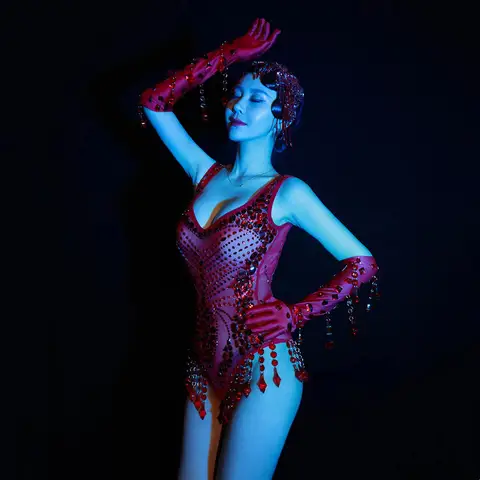 Red Rhinestones Beading Bodysuit Gloves Bar Nightclub Dance Costume Sexy DJ Pole Dancing Performance Party Show Rave Outfits