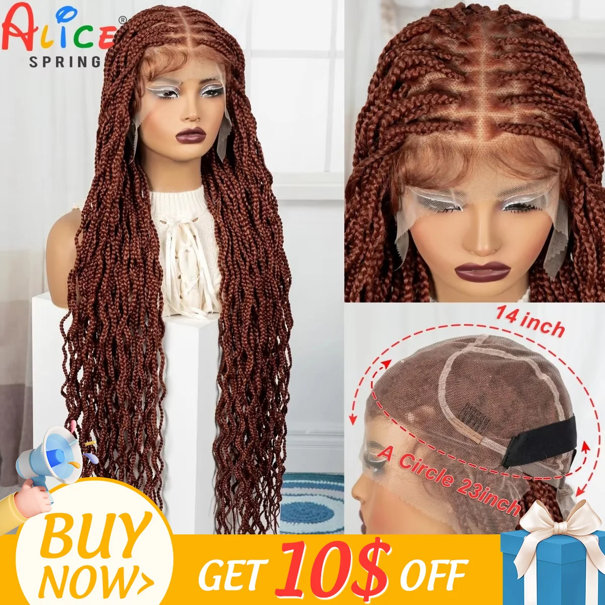 36Inch Full Lace Twisted Braided Wigs 350# Ginger Orange Synthetic Knotless Box Braided Lace Front Wigs with Baby Hair for Women