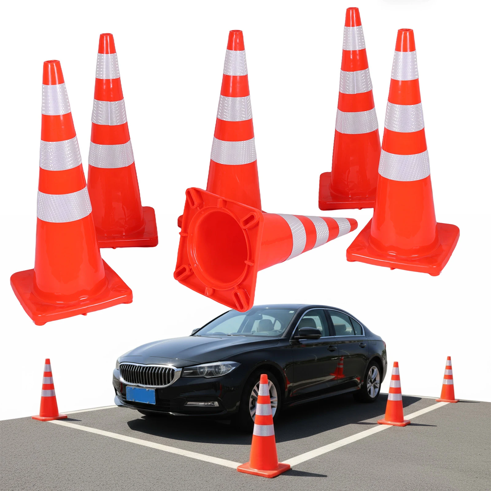 

35 Inch 6 Pack Heavy Duty Cones with Reflective Collars Multi Purpose Cones PVC for Traffic Control Driveways and Parking Lots