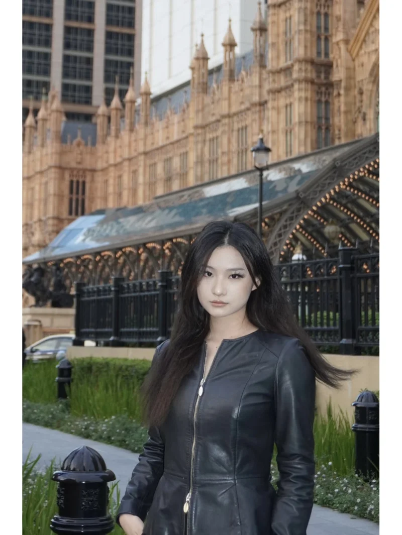 ETJ 2025 ربيع جديد المرأة خمر جولة الرقبة مع الخصر تنورة الخصر تنورة مع تنحنح سترة جلدية تقليد