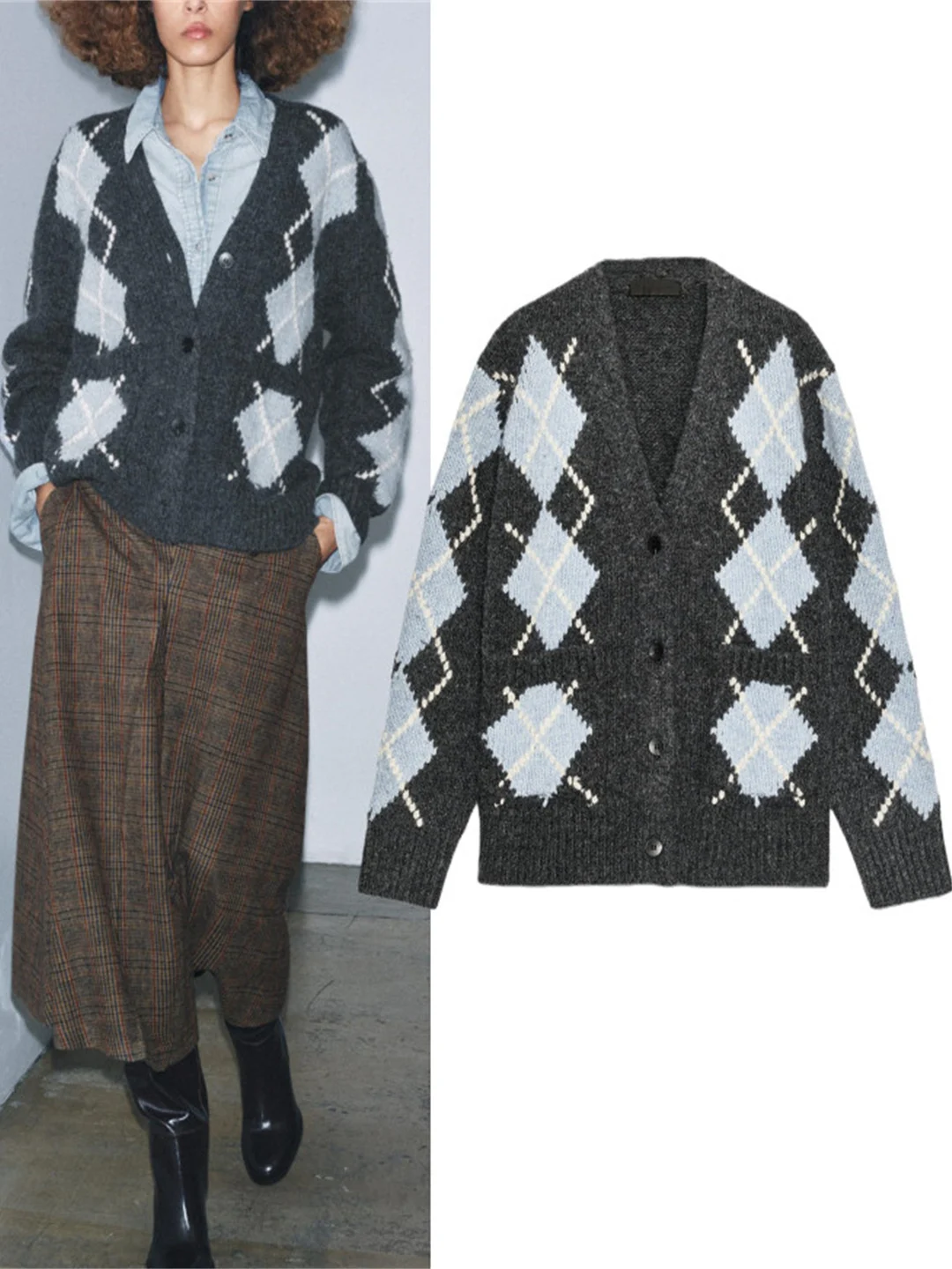 الرجعية Sle المرأة محبوك سترة مفتوحة معطف V-Ne فضفاضة تناسب الماس نمط شتاء جديد وصول لينة طويلة Sve سترة