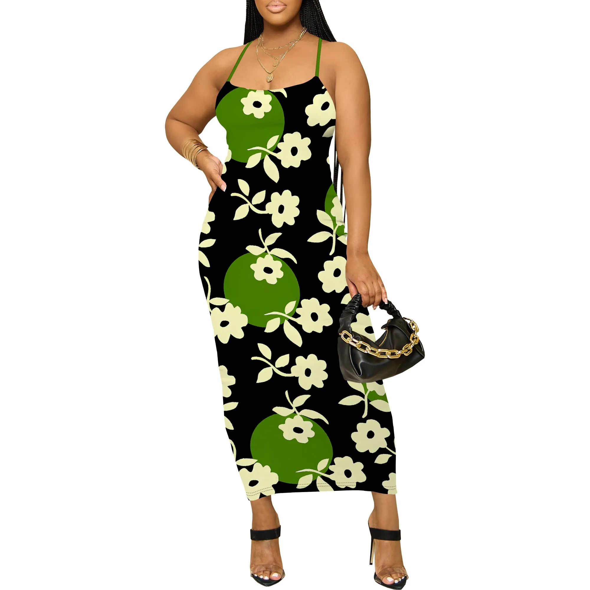 스파게티 스트랩 미디 드레스 그린 플로럴 프린트 Bodycon 여름 캐주얼 비치웨어