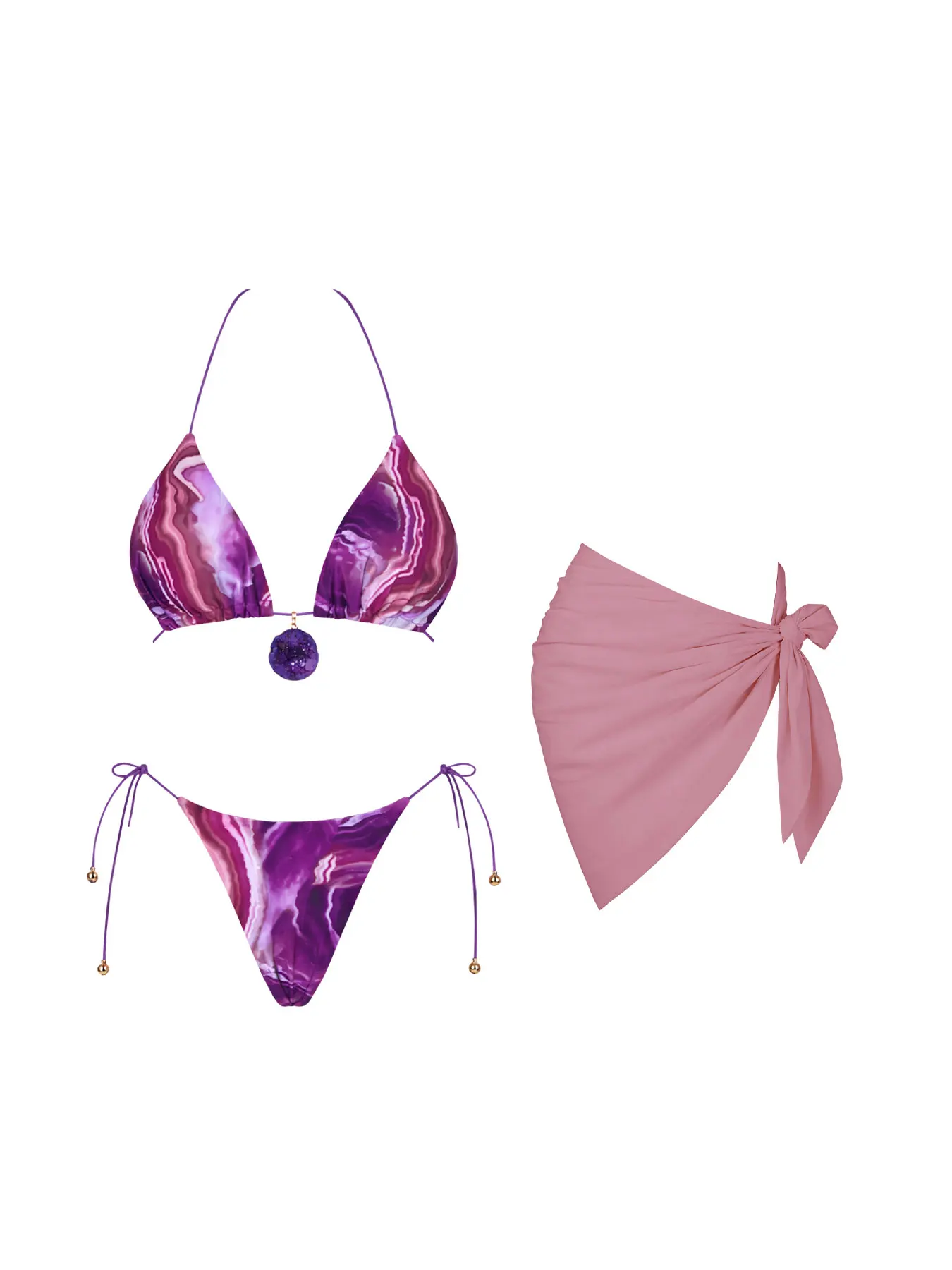 Sexy Gradient Printed Bikini With Skirt Women's 3Pcs Swimsuit  Fashion Lady Lace Up Biquini Swimwear Luxury Mujer Bathing Suit