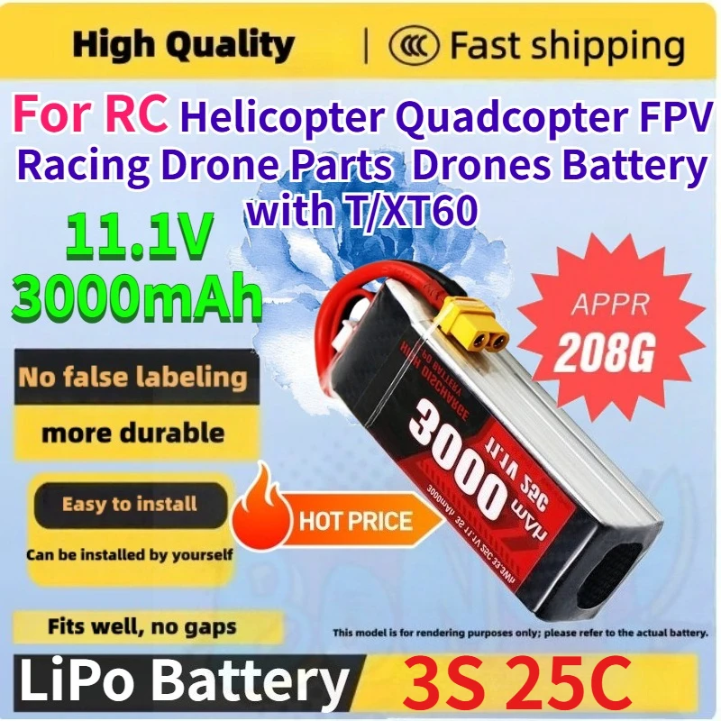 11.1V 3000mah 3S 25C LiPo Battery for RC Helicopter Quadcopter FPV Racing Drone Parts  Drones Rechargeable Battery with T/XT60