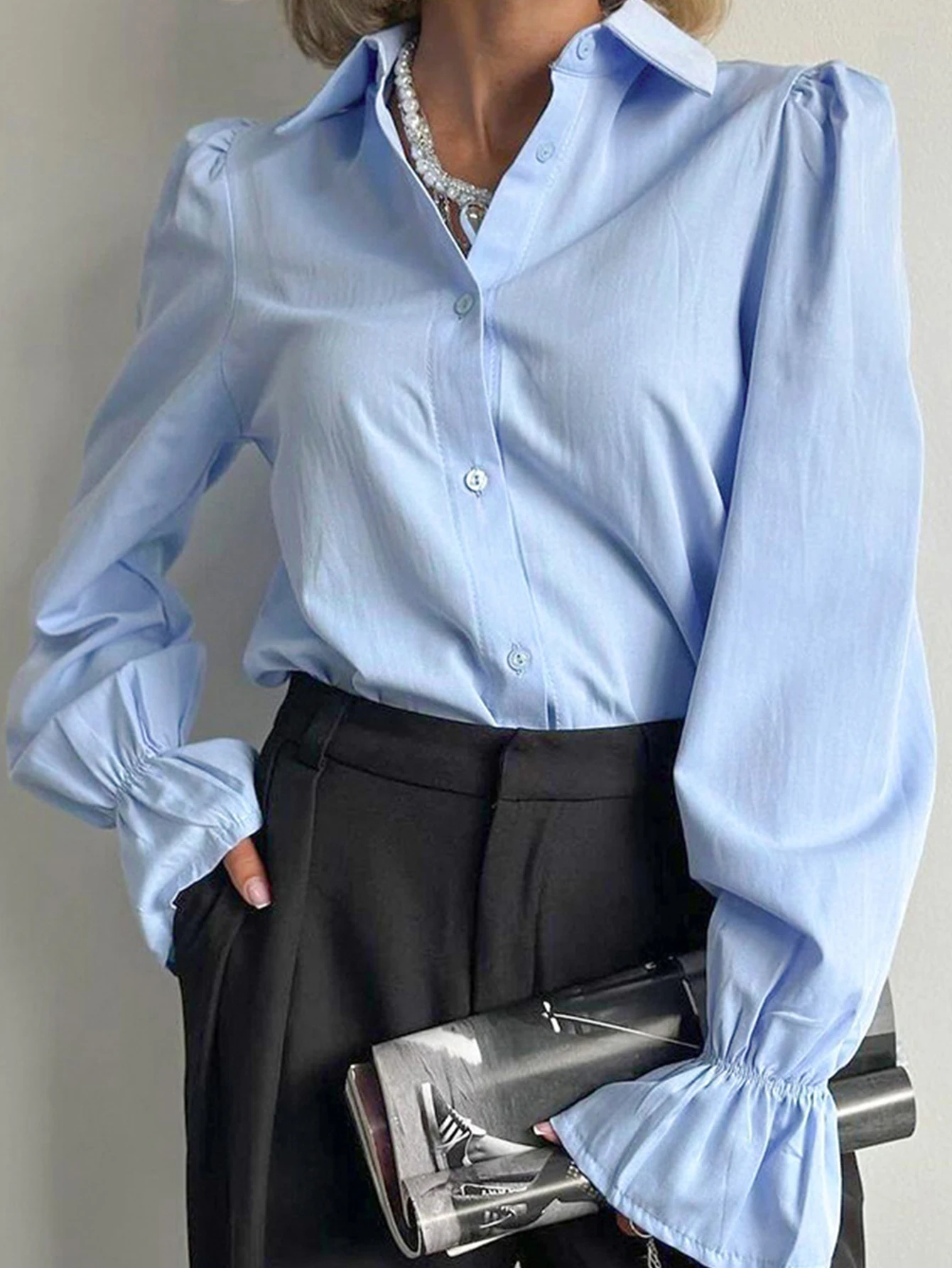 

Женская осенняя рубашка, модная базовая однотонная однобортная рубашка с рукавами-фонариками, офисный женский топ