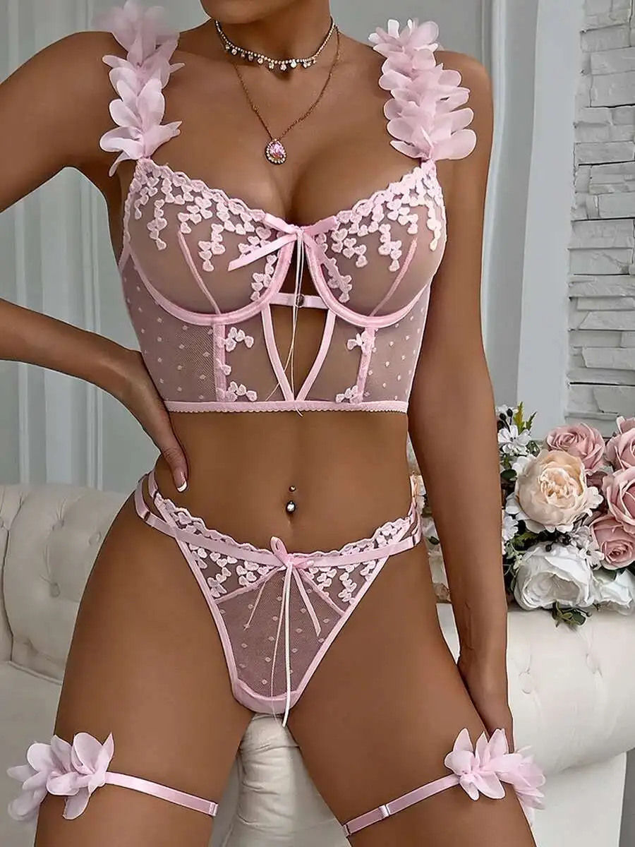 

Sexy Transparent Lace Mesh Solid Color Bikini Backless Deep V Suspenders Sleeveless Bikini Charming Elegant Pure Desire XTZ2