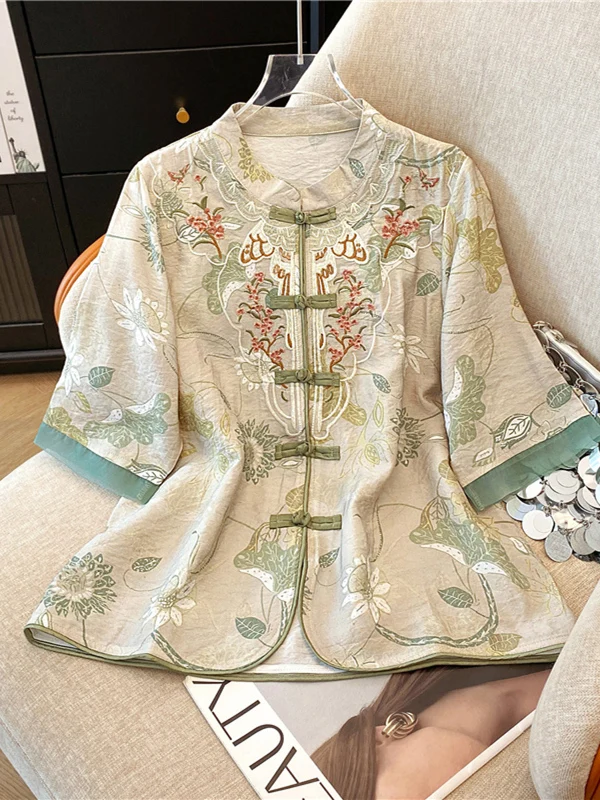 

New Chinese Sle Embroidered Flax irt Women's Summer Retro National Sle Reformed Tang Costume Artistic Zen Tea Clothing Top