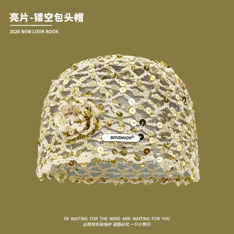 Fashion Sequined Flowers Hollowed Out Beanies for Women Summer Autumn Travel Photos Versatile Atmosphere Elegant Pullover Hats