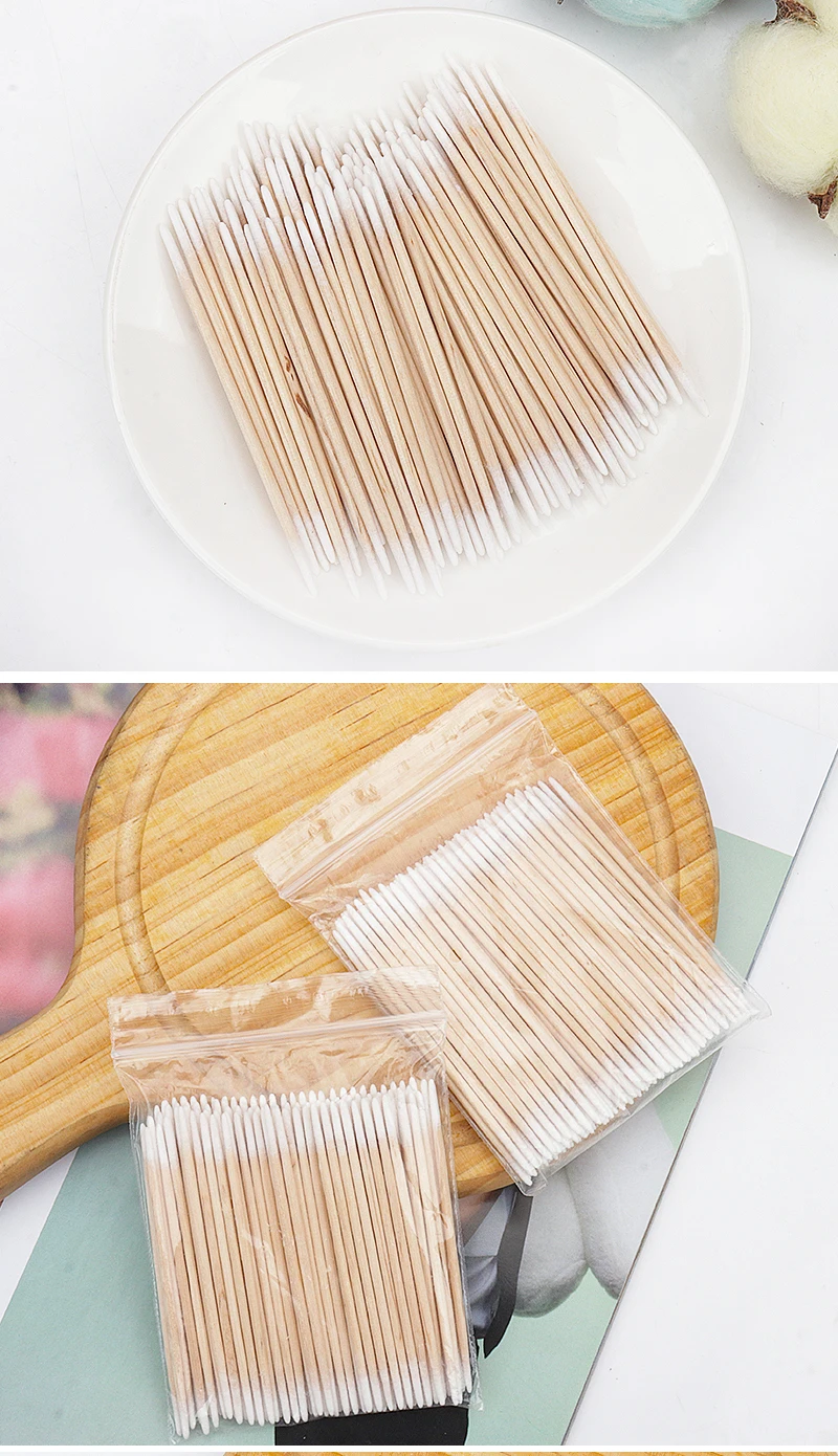 100/300 Pcs Einweg Doppel Kopf Baumwolle Tupfer Ohr Reinigung Holz Sticks Wimpern Verlängerung Kleber Entferner Microbrush Make-Up-Tools – Detail 9