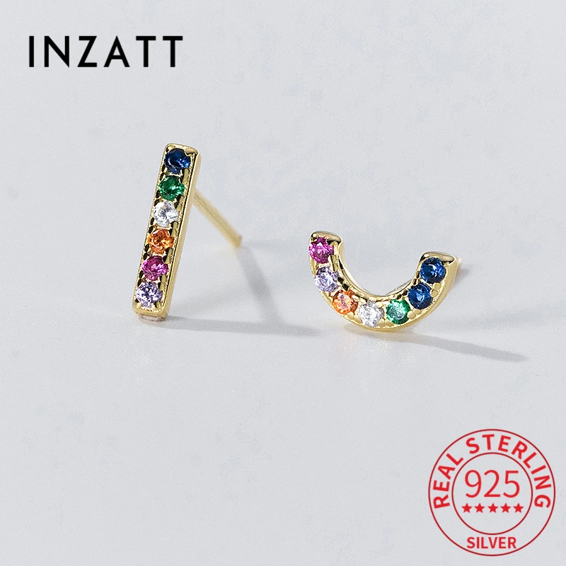 INZATT Real 925 Sterling Silver Zircon Geometric Stud Earrings for Fashion Women Asymmetric Fine Jewelry Minimalist Accessories