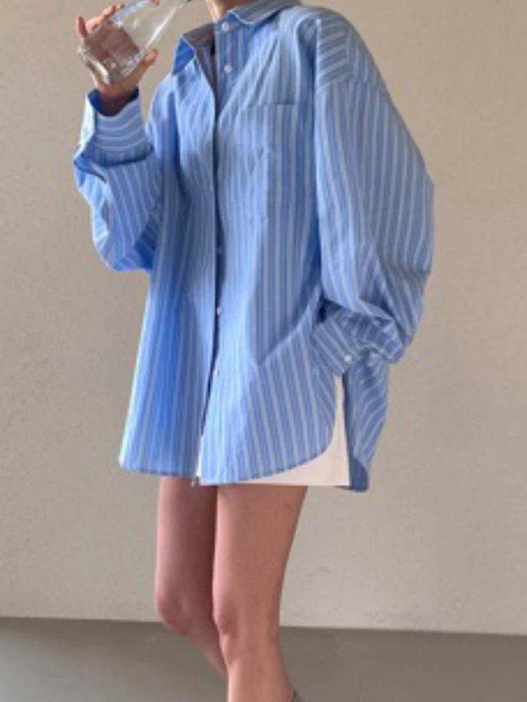 

Женский полосатый однотонный свободный крой Long Sve с защитой от солнца, корейский шикарный топ, открытый кардиган, осенний многослойный длинный све Bl...