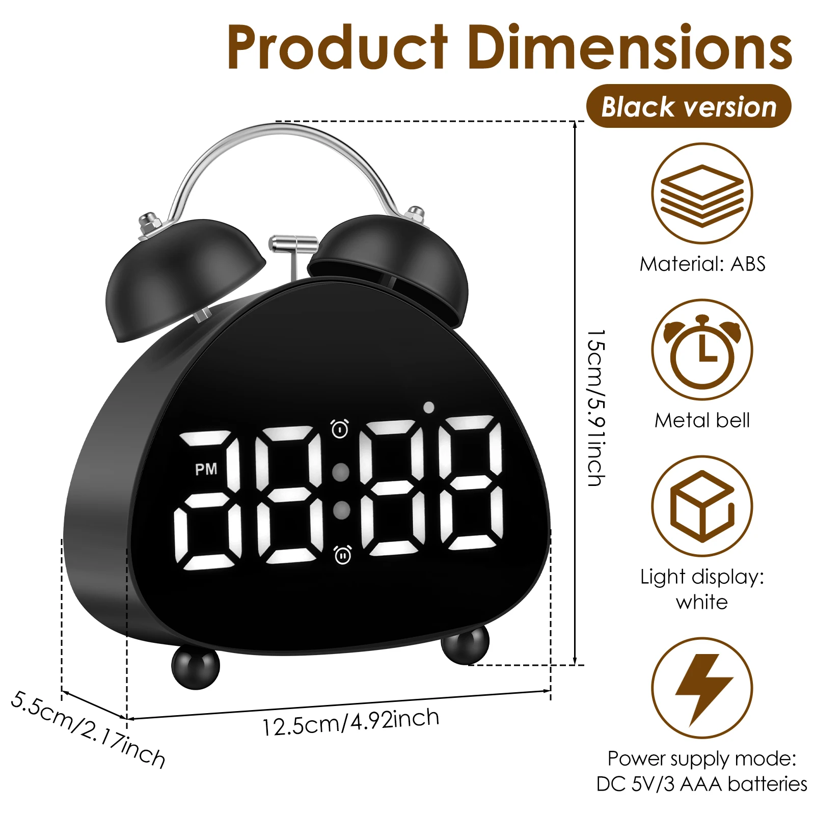 LED Electronic Display LED Clock Super Loud Sound Mechanical Ringing Digital Alarm Clock Plastic Vintage Tabletop Clock Bedroom