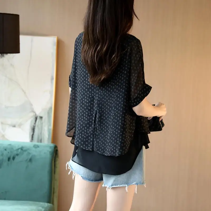 Loose Short Sleeve Chiffon Blouse Summer New Asymmetrical Thin Black Letter Print Office Shirt Tops Vintage Casual Women Clothes