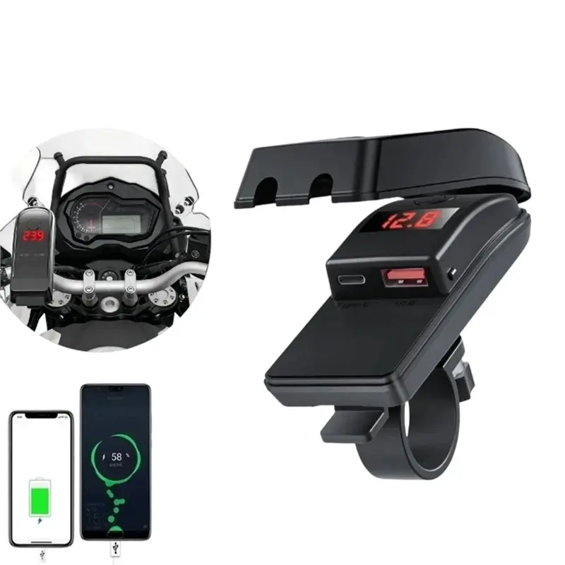 USB Fast 12V Waterproof PD For Motorcycle USB-C& QC 3.0 Power Outlet Socket With Switch Voltmeter Phone Charging view 5