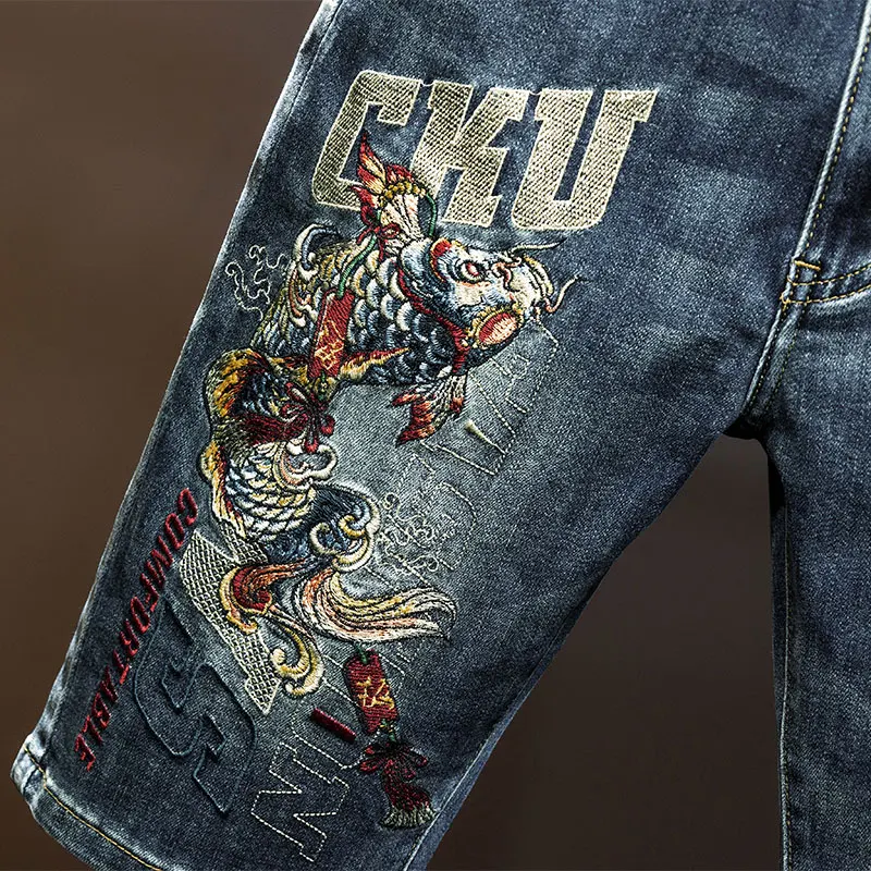 Chinese Style Embroidery Denim Shorts Men's Summer High-End and Fashionable Personality Street Slim Stretch Casual Cropped Pants