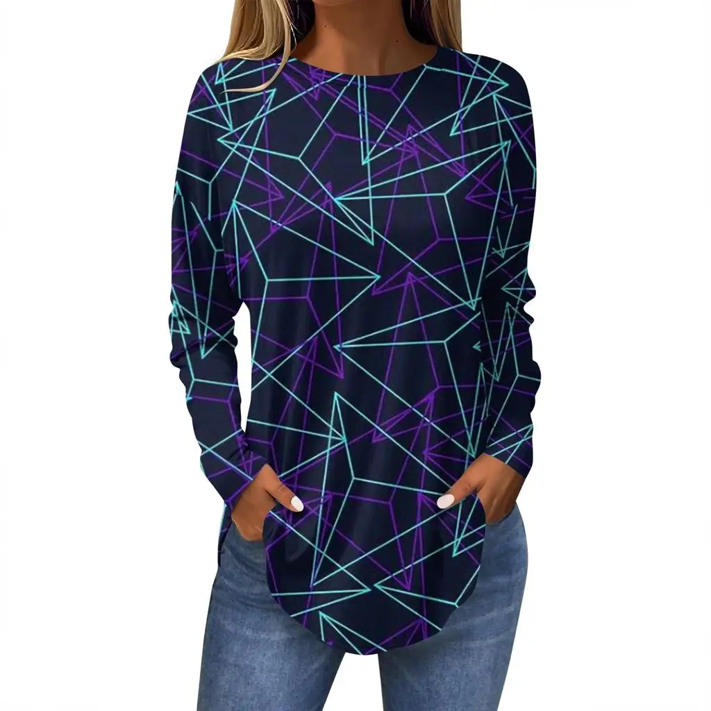 Camiseta feminina 3d geométrica irregular impressão moda manga comprida em torno do pescoço regular topos férias fim de semana primavera e outono