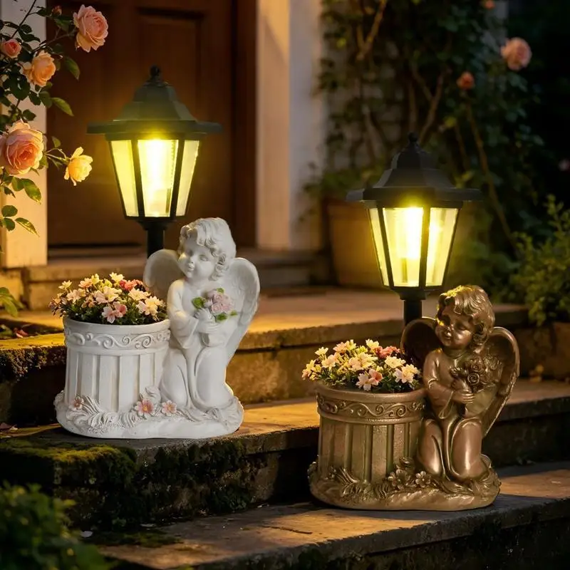 Angel Boy & Girl Planter Solar Light,Waterproof Resin Figurine Outdoor Garden Yard Lawn Patio Flower Pot Ornament Gardening