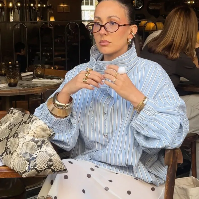 Elegant Women High Neck Striped Oversized Shirt 2026 New Button Down Lantern Long Sleeve Blouse Drawstring Hem Loose Casual Tops